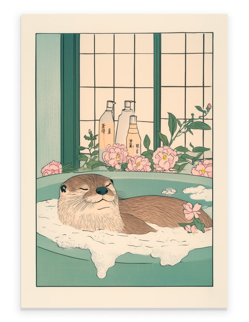 Art print of an otter resting in a foamy bath with pink flowers and window background