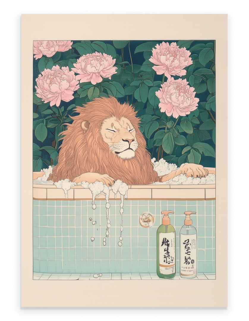Art print of a lion relaxing in a tiled bath with pink peonies