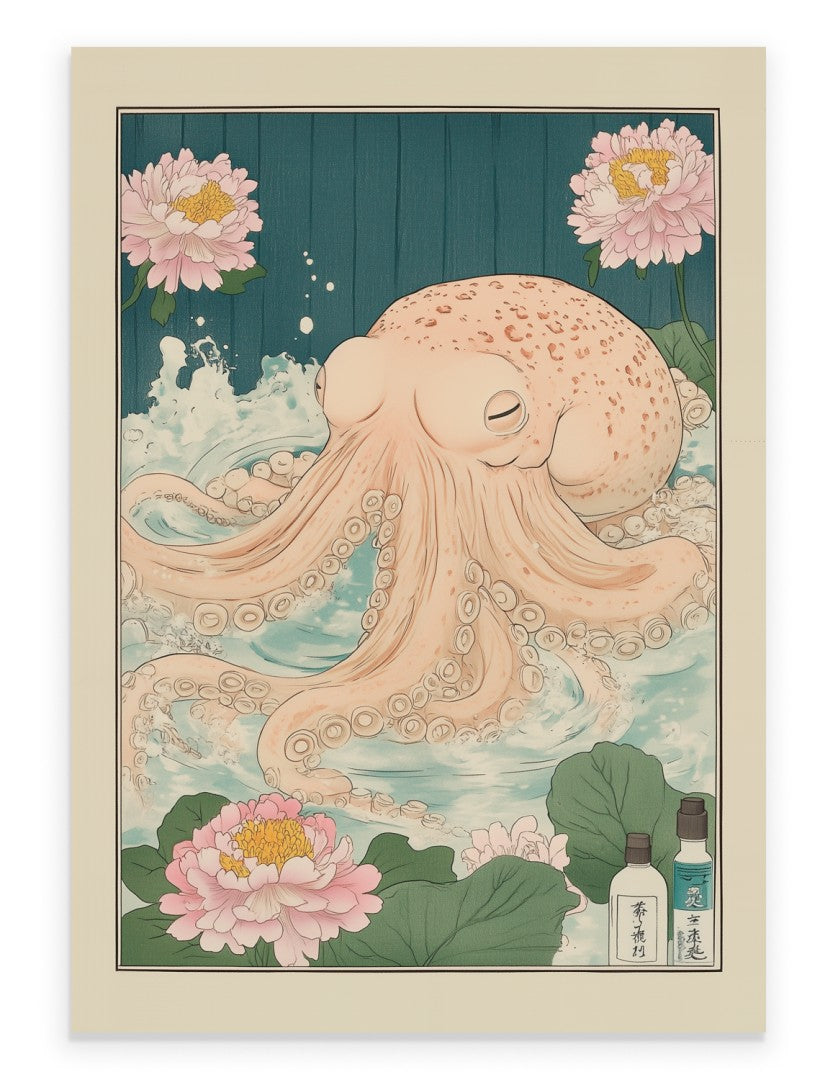 Art print of an octopus floating in a bath with pink lotus flowers and bubbles