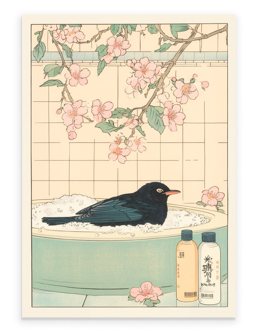 Blackbird resting in a steamy Japanese bath surrounded by soft petals and leaves