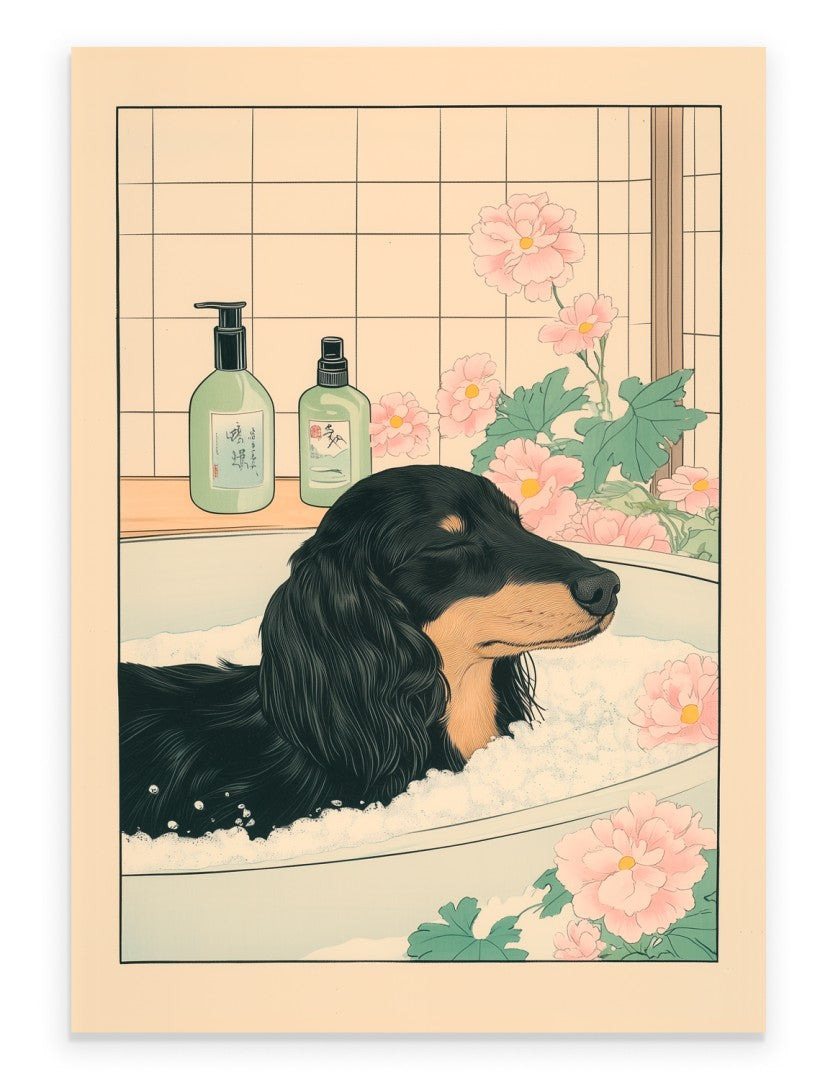 Dachshund soaking in a Japanese-style bath with soap bottles and pink flowers
