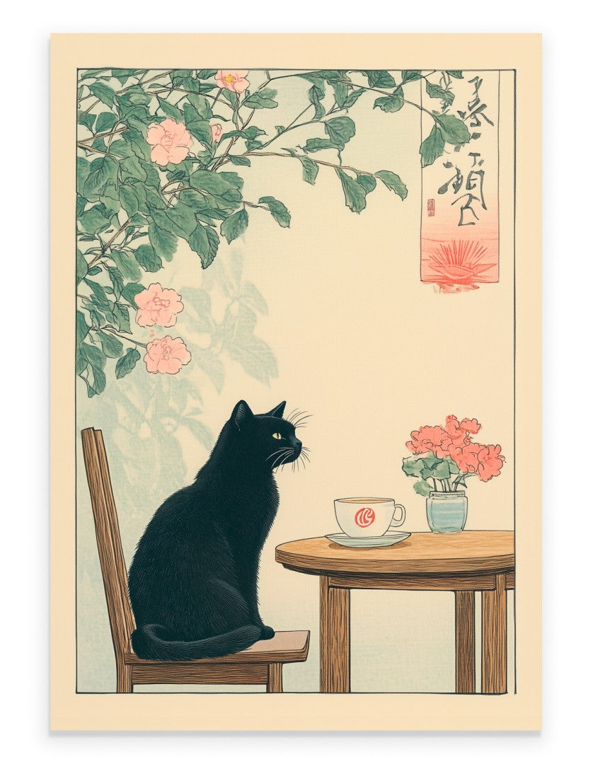 Japanese-style art print of a black cat sitting at a wooden table with a coffee cup and flowers
