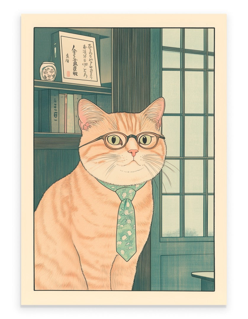 Orange tabby cat wearing glasses and a green tie in an office