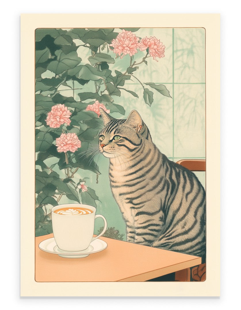 Japanese-style art print of a gray tabby cat with a cup of coffee on a table