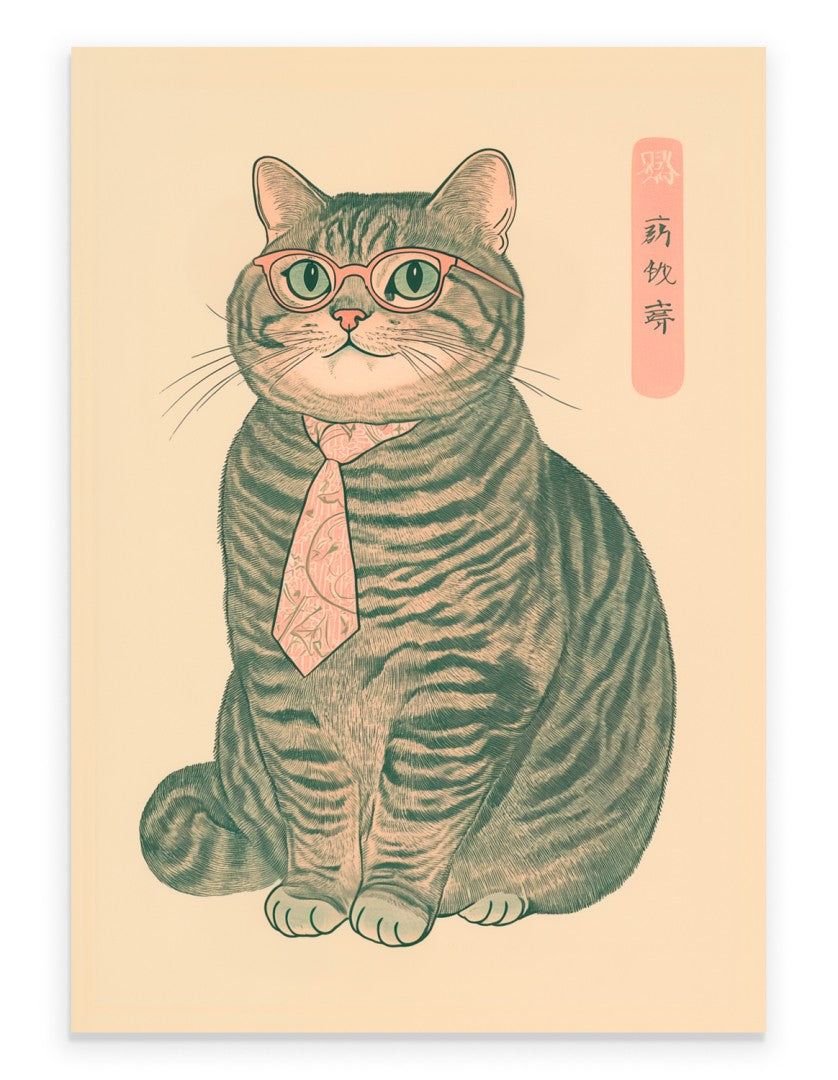 Tabby cat wearing glasses and a tie, seated formally