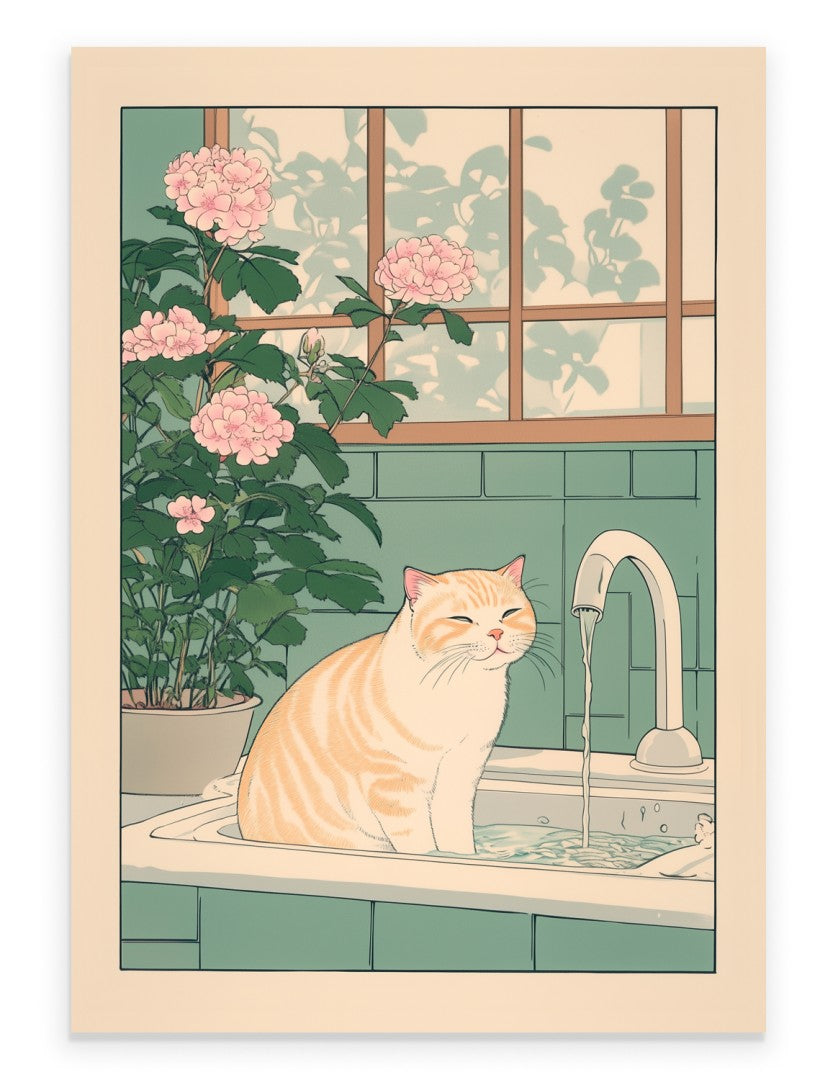 Japanese-style art print of an orange tabby cat smiling while sitting in a bath