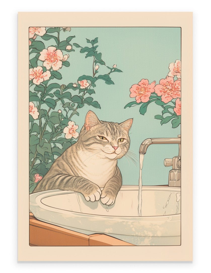 Grey tabby cat leaning over a sink with running water