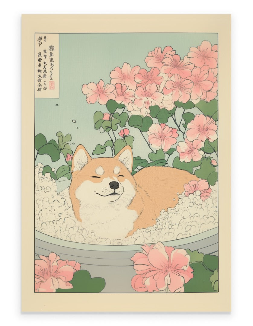 Framed Japanese-style print of Shiba Inu in a bubble bath