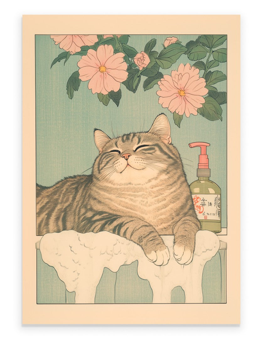 Framed cat bathroom art with tabby on soap-covered ledge