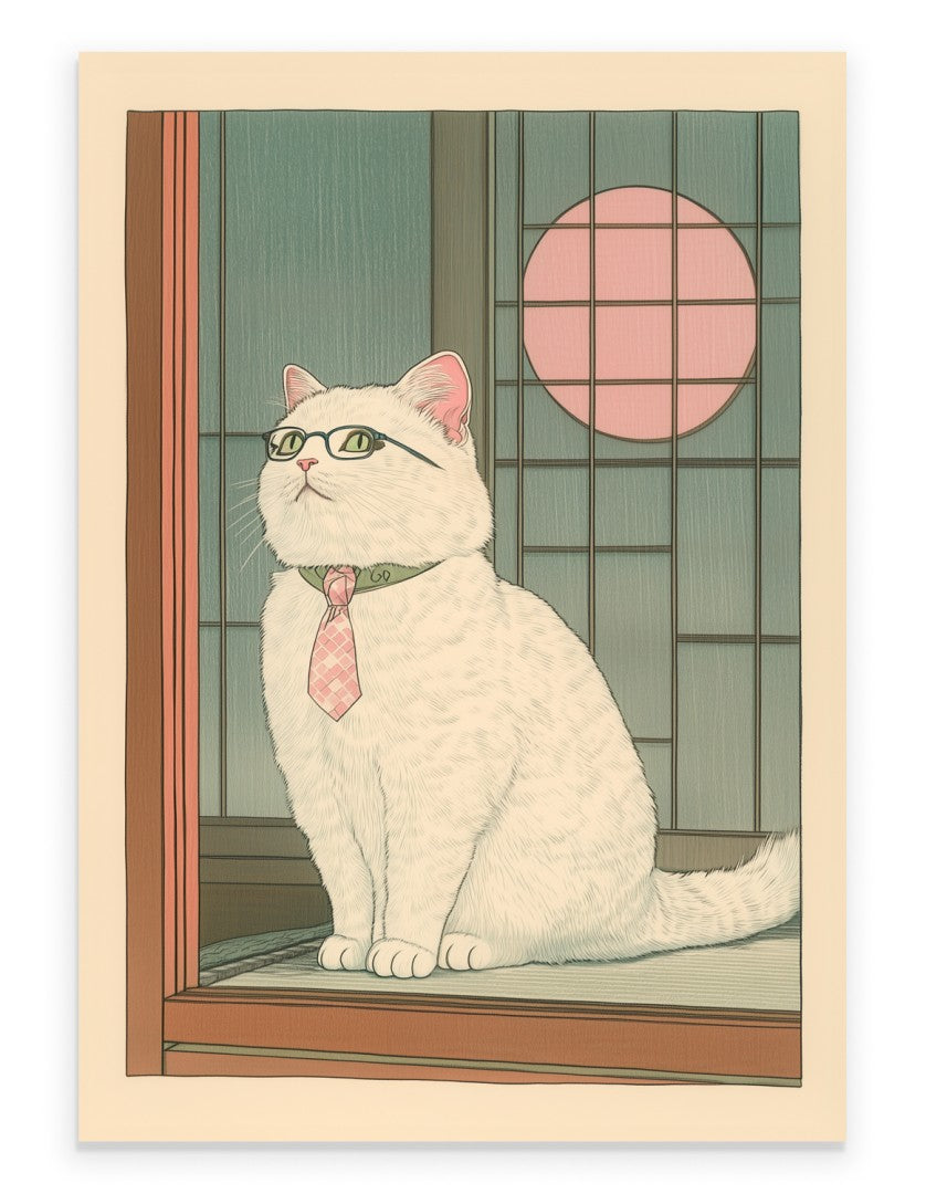 Framed art print of a white cat in glasses with moon in background