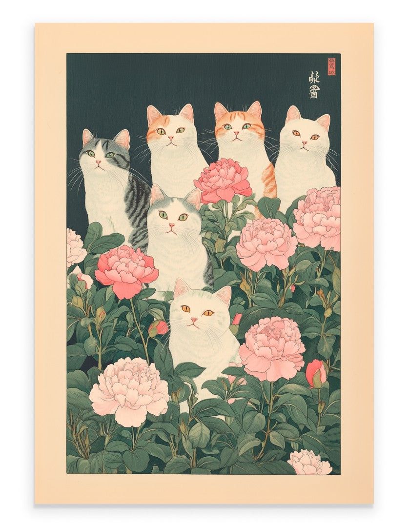 Art print of six cats surrounded by blooming peonies