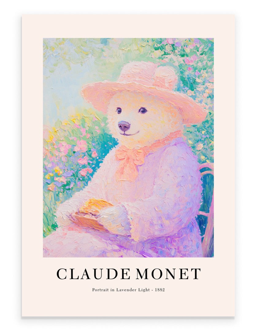 Bear in pastel clothing and hat, impressionist portrait art print inspired by Monet