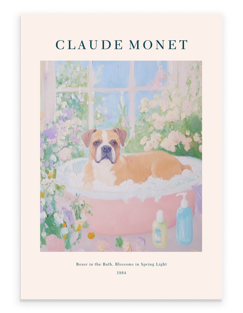Monet-inspired Boxer dog in bathtub, impressionist bathroom art print