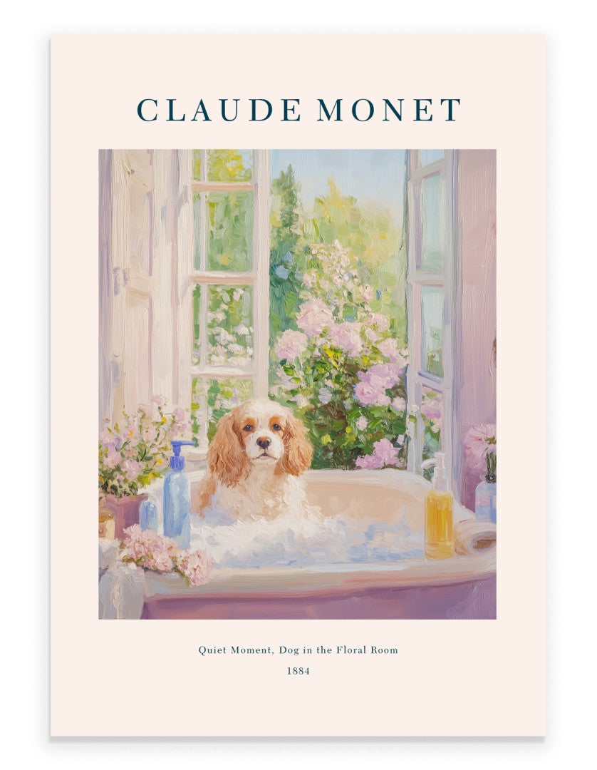 Cavalier King Charles Spaniel in bathtub, impressionist bathroom art print