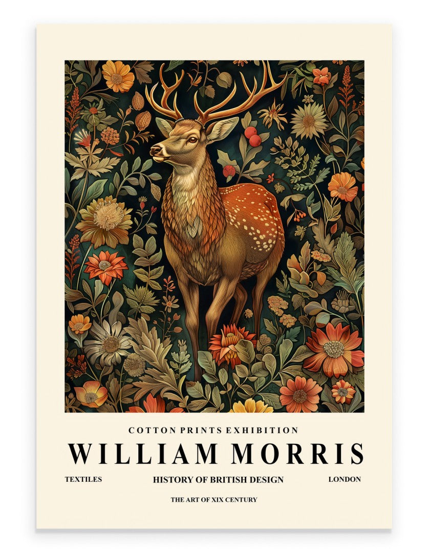 Deer art print with botanical background in William Morris inspired style