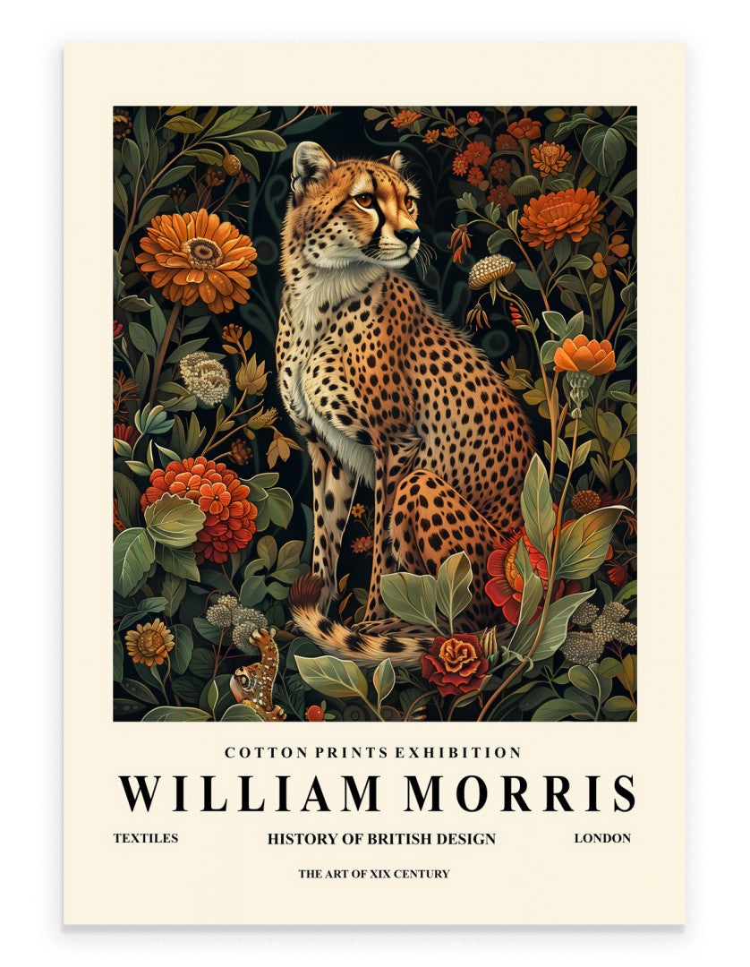 Cheetah art print with botanical background in William Morris inspired style