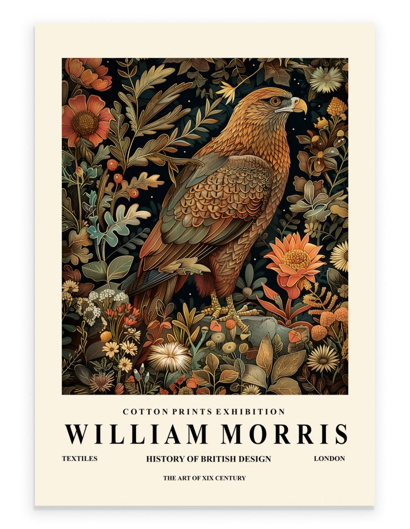 Golden eagle art print with ornate botanical background in William Morris inspired style