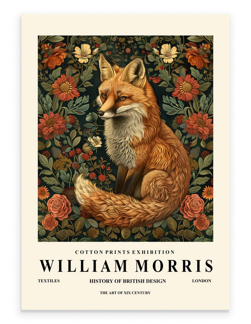 Fox art print with botanical background in William Morris inspired style