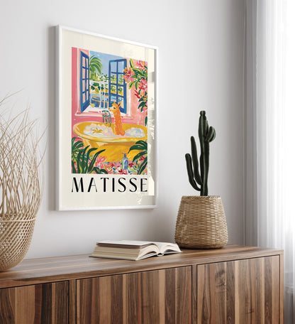 Matisse-inspired framed art featuring a bright bathroom scene with a llama enjoying a bubbly soak.