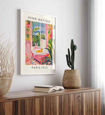 Framed poster featuring duck in bath, tropical and floral setting – Matisse-inspired