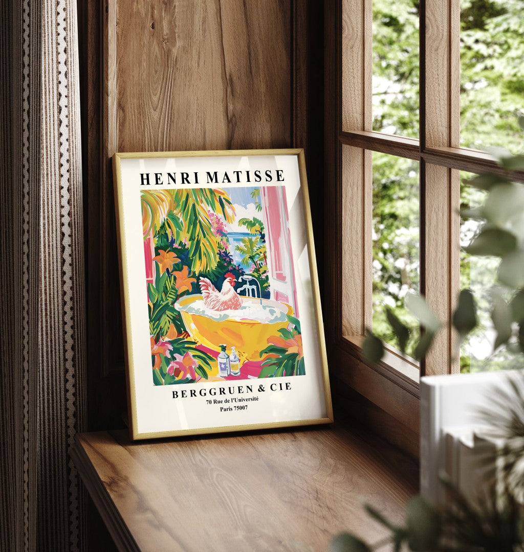 Framed Parisian chicken artwork print in Henri Matisse inspired style with vivid colors and tropical setting - wall art print for bathroom