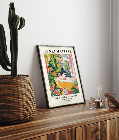 Framed colorful chicken bath wall art print in Henri Matisse inspired style with lush greenery, flowers, and ocean view - decorative bathroom print for wall decor