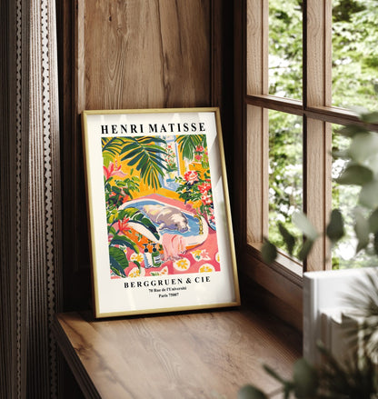 Framed tropical manatee artwork print in Henri Matisse inspired style with vivid colors and exotic plants - bathroom art print for wall decoration