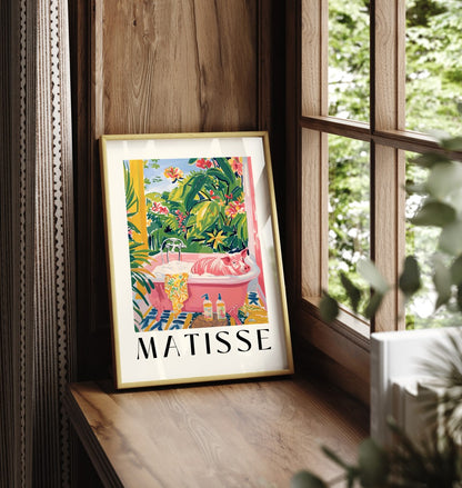 Framed Henri Matisse style pig artwork print with lush foliage, bright colors, and playful bubble bath scene - bathroom art print for wall decoration