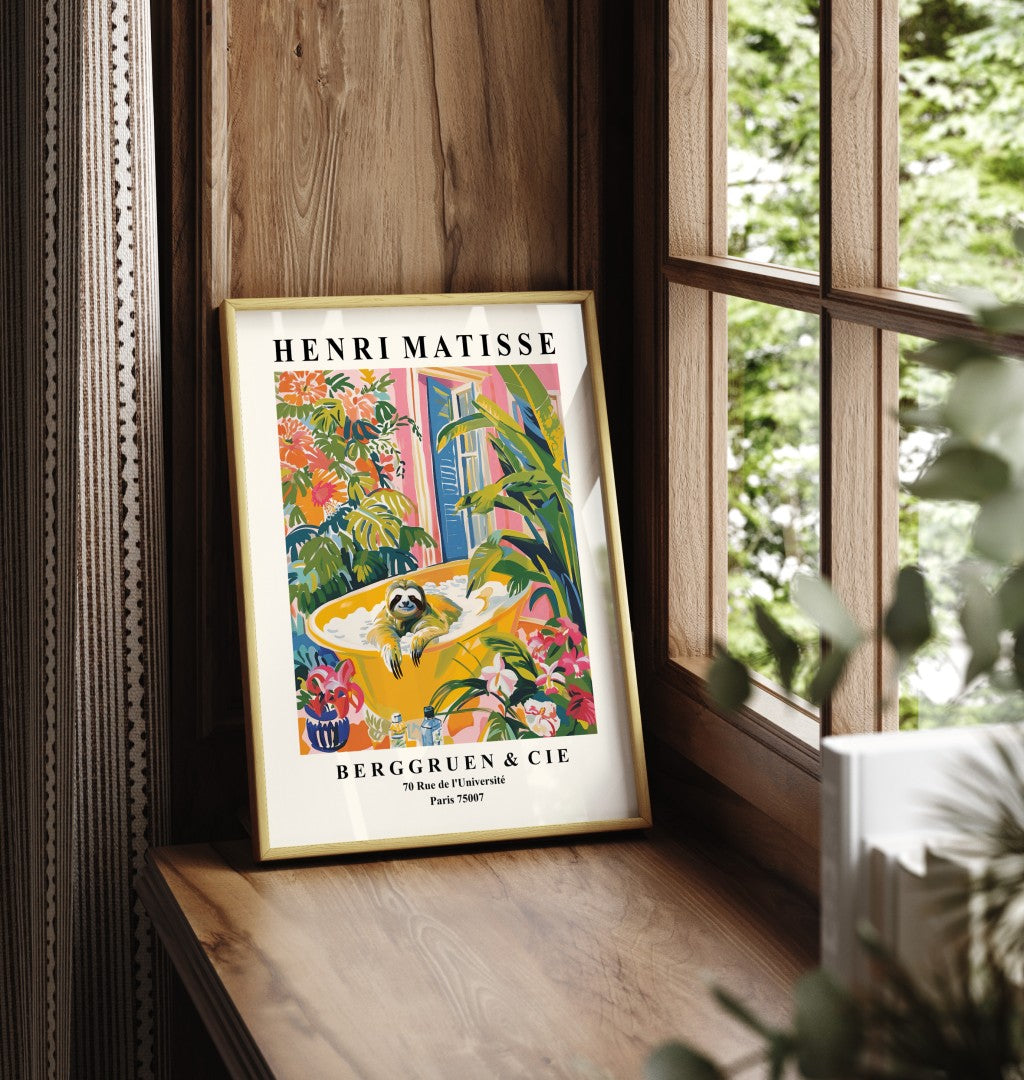 Framed Henri Matisse style sloth artwork print featuring a playful bath scene with vibrant plants and shutters - bathroom print for decor