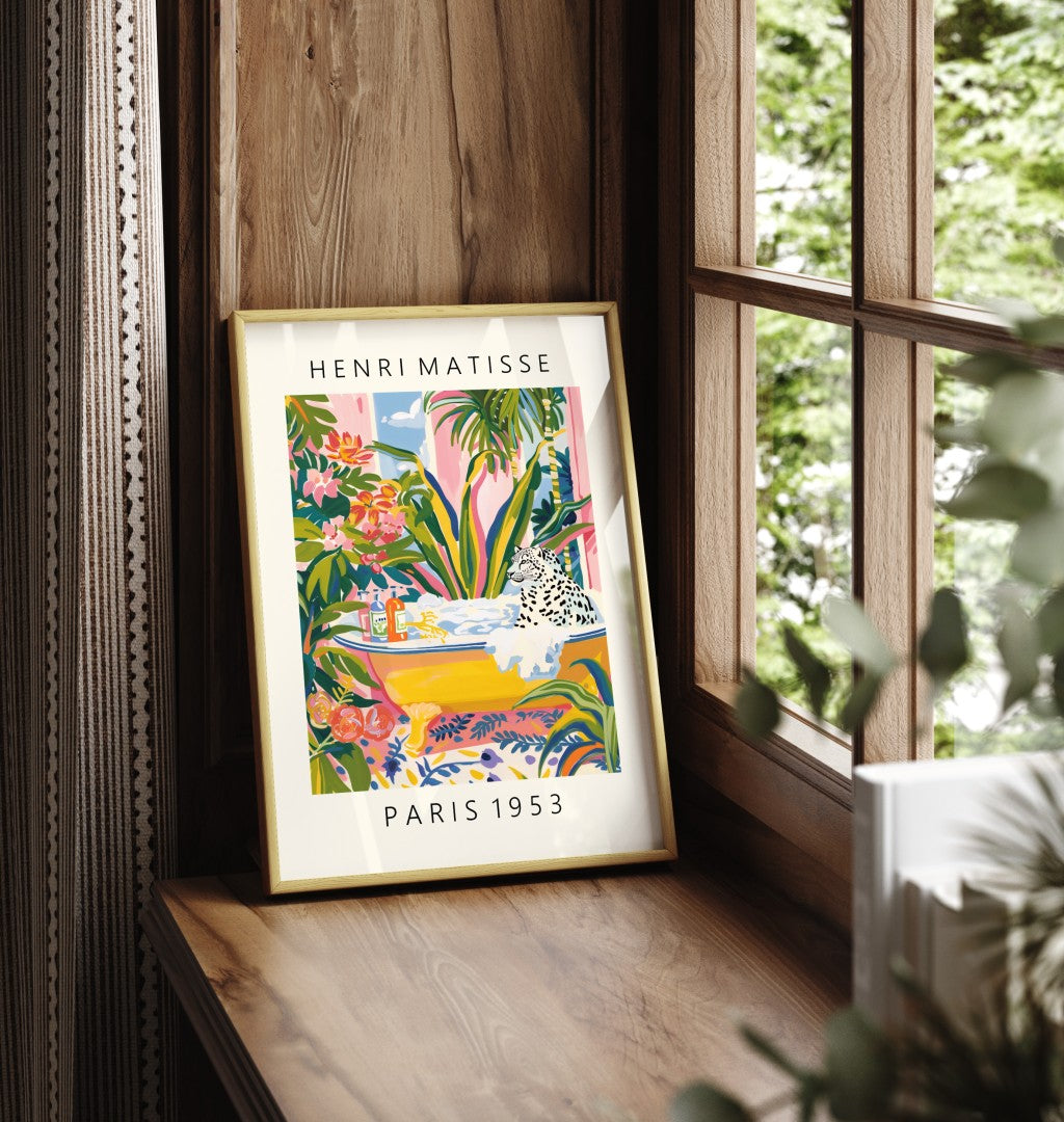 Framed Henri Matisse style snow leopard artwork print with bold tropical foliage and playful bath scene - bathroom print for decor