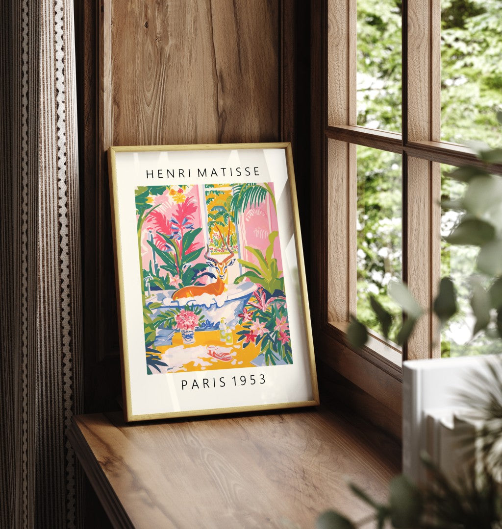 Framed Henri Matisse style antelope print featuring a playful bubble bath scene in a lush tropical interior - decorative bathroom wall print