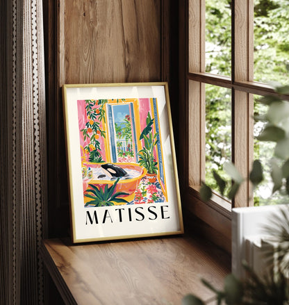 Framed Henri Matisse style orca whale print featuring a whimsical bath scene in a tropical setting - decorative bathroom wall print