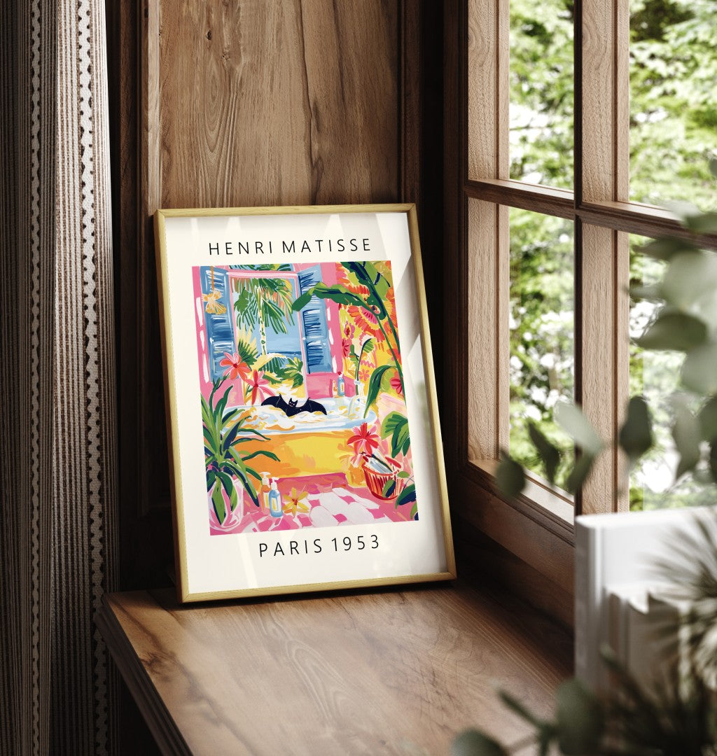 Framed Henri Matisse style bat print featuring a playful bubble bath scene in a tropical setting - decorative bathroom wall print
