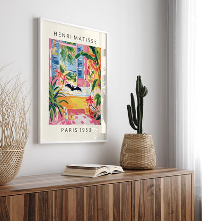 Framed whimsical bat bath artwork in Henri Matisse inspired style with greenery, flowers, and sunny view - bathroom art print for wall decoration