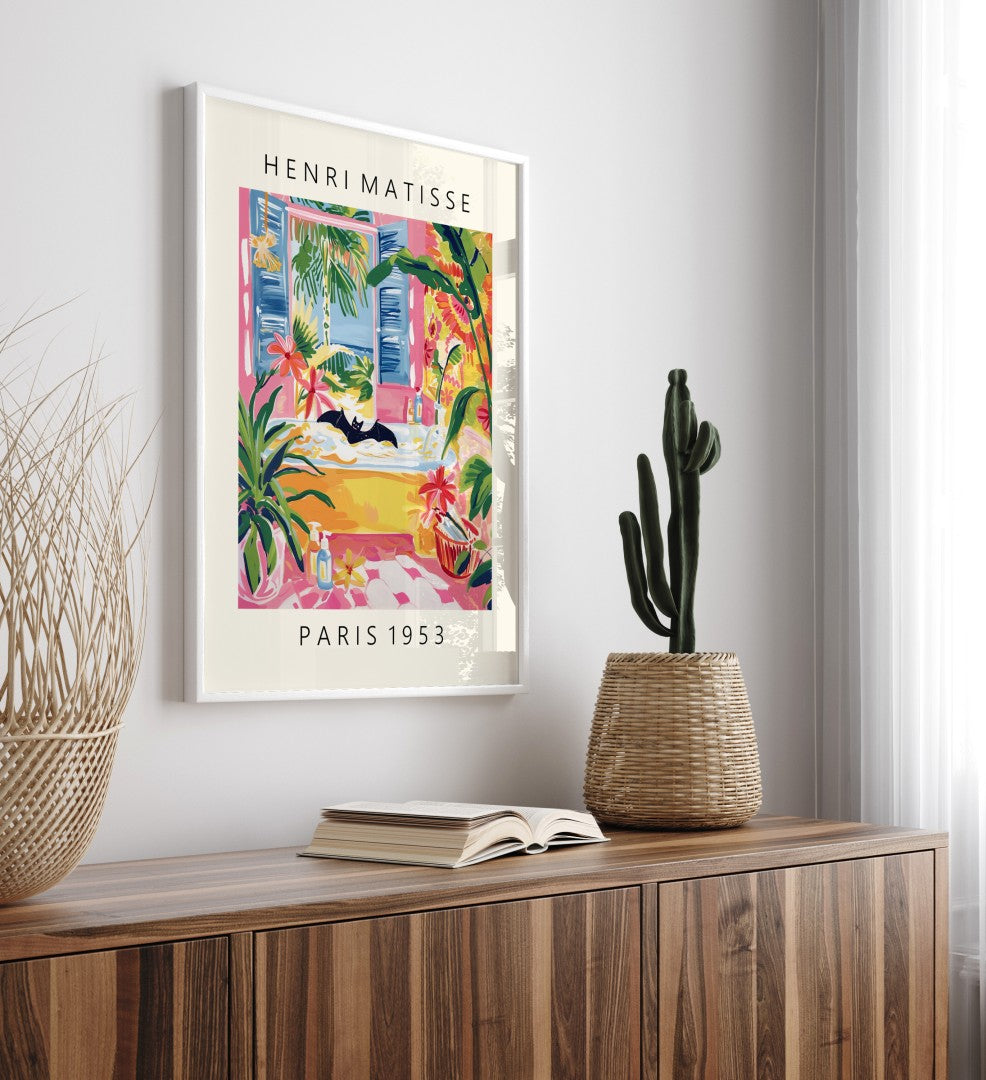 Framed whimsical bat bath artwork in Henri Matisse inspired style with greenery, flowers, and sunny view - bathroom art print for wall decoration