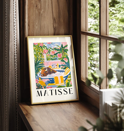 Framed Henri Matisse style bison print featuring a playful bubble bath scene in a vivid tropical setting - decorative bathroom wall print