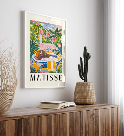 Framed colorful bison bath artwork in Henri Matisse inspired style with lush plants, flowers, and open window view - bathroom art print for wall decoration
