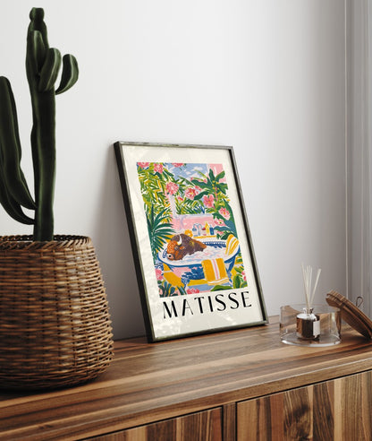 Framed Henri Matisse inspired art print of a bison soaking in a bubble bath with tropical greenery - bathroom wall art print for decor