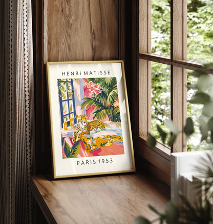 Framed Henri Matisse style cheetah print featuring a playful bubble bath scene in a lush tropical setting - decorative bathroom wall print