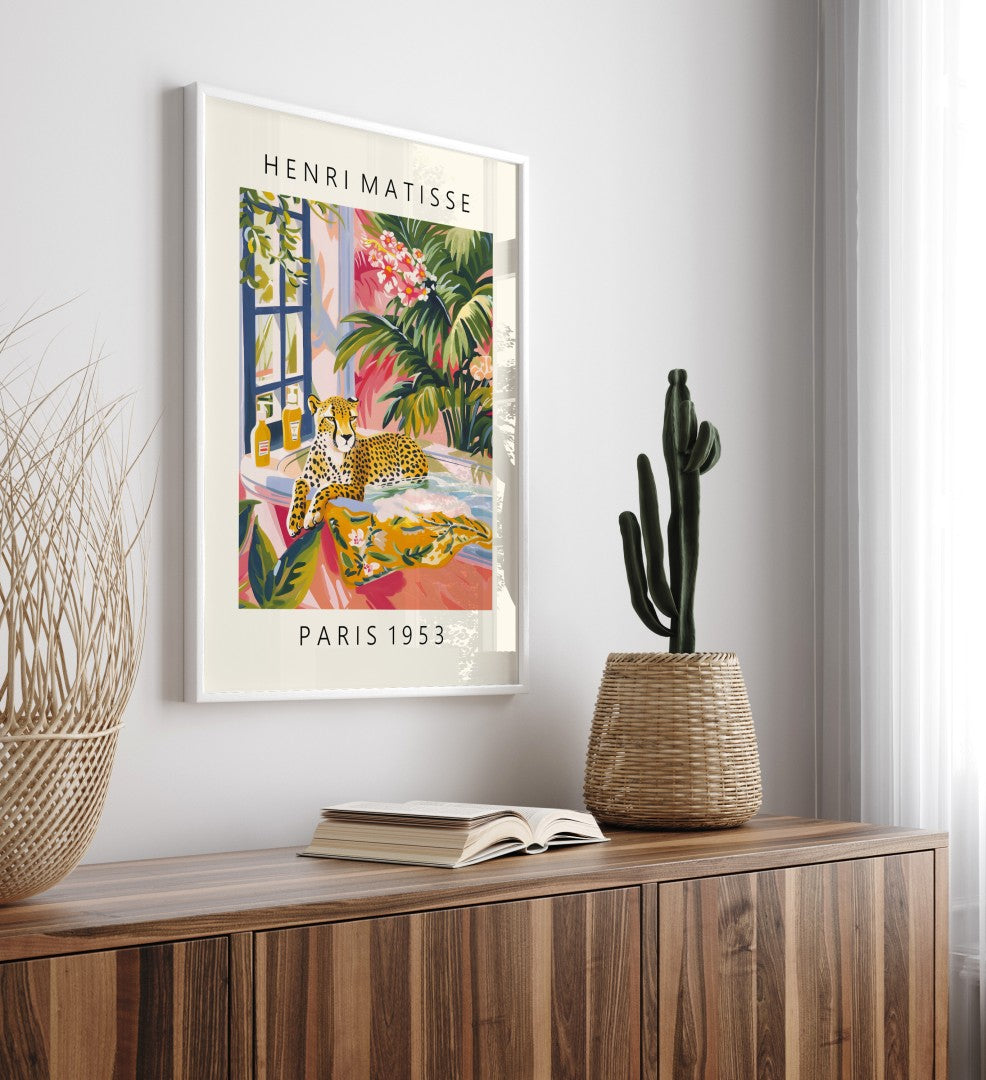 Framed vibrant cheetah bath artwork in Henri Matisse inspired style with flowers, greenery, and sunlight streaming through a window - bathroom art print for wall decoration