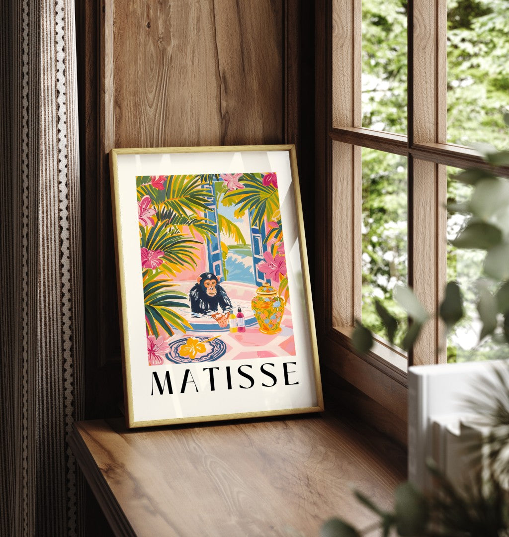 Framed Henri Matisse style chimpanzee print featuring a playful bath scene in a tropical seaside setting - decorative bathroom wall print