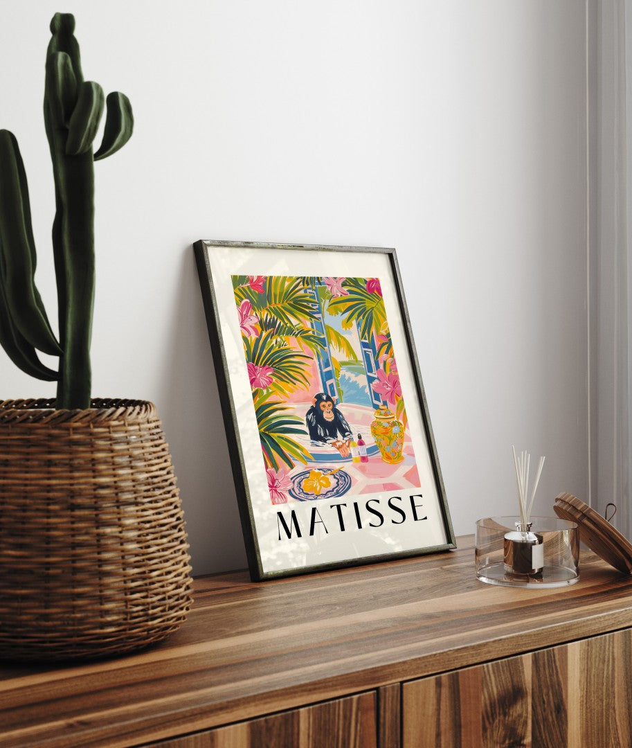 Framed Henri Matisse inspired art print of a chimpanzee bathing in a white tub with tropical plants - bathroom wall art print for decor