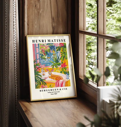 Framed Henri Matisse style doe print featuring a peaceful bubble bath scene with tropical plants - decorative bathroom wall print