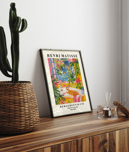 Framed Henri Matisse inspired art print of a doe lounging in a bathtub with tropical greenery - bathroom wall art print for decor