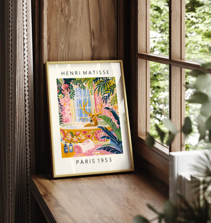 Framed Henri Matisse style deer print featuring a tranquil bath scene with tropical plants - decorative bathroom wall print