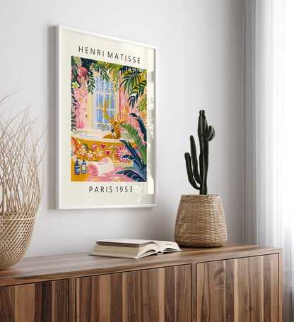 Framed whimsical deer bath artwork in Henri Matisse inspired style with flowers, foliage, and window light - bathroom art print for wall decoration