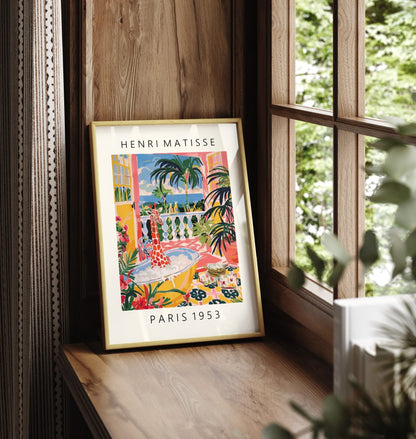 Framed Henri Matisse style giraffe print featuring a whimsical bath scene in a tropical outdoor setting - decorative bathroom wall print