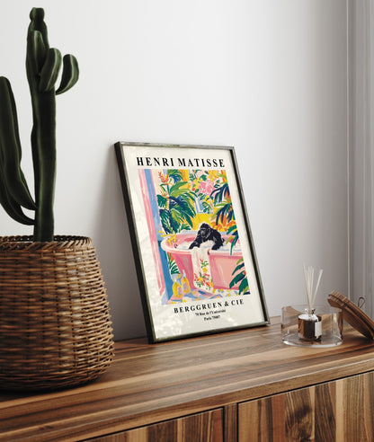 Framed Henri Matisse inspired art print of a gorilla relaxing in a tub with tropical leaves - bathroom wall art print for decor