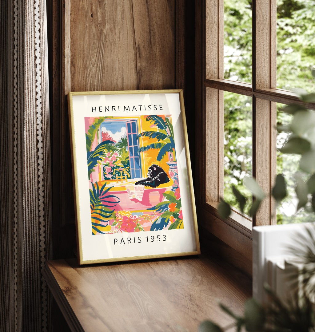 Playful gorilla in a bubbly bath with tropical scenery – Henri Matisse inspired bathroom wall art print