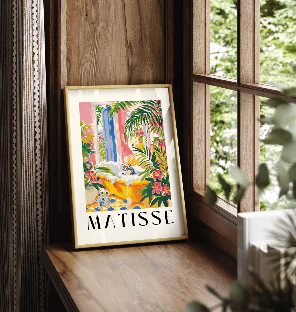 Playful wolf lounging in bubbly tub – vibrant botanical wall art poster